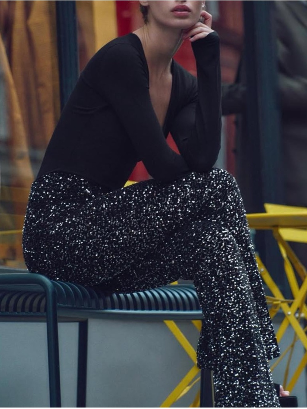 Zara Sparkle Flare Fit Black Sequins Leggings Small NWT Festival Festive Party